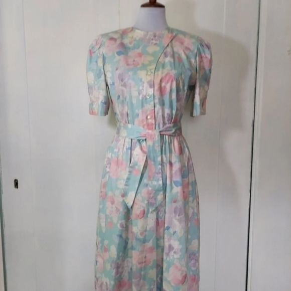 Vtg 80s Lili Richard's Aqua Lavendar Pink Floral Button Down Floral Dress - Picture 7 of 16